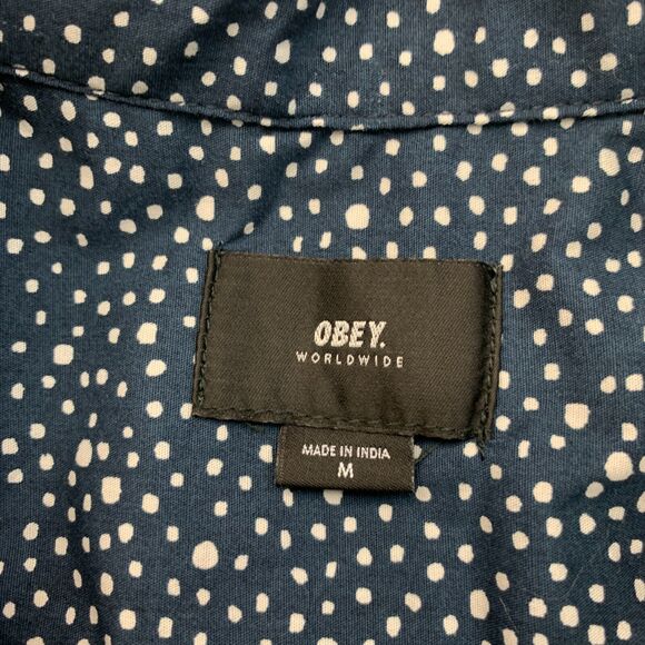 Obey Shirt Mens M Medium Navy Spotted Button Down Collar Short Sleeve Cotton - Picture 4 of 10